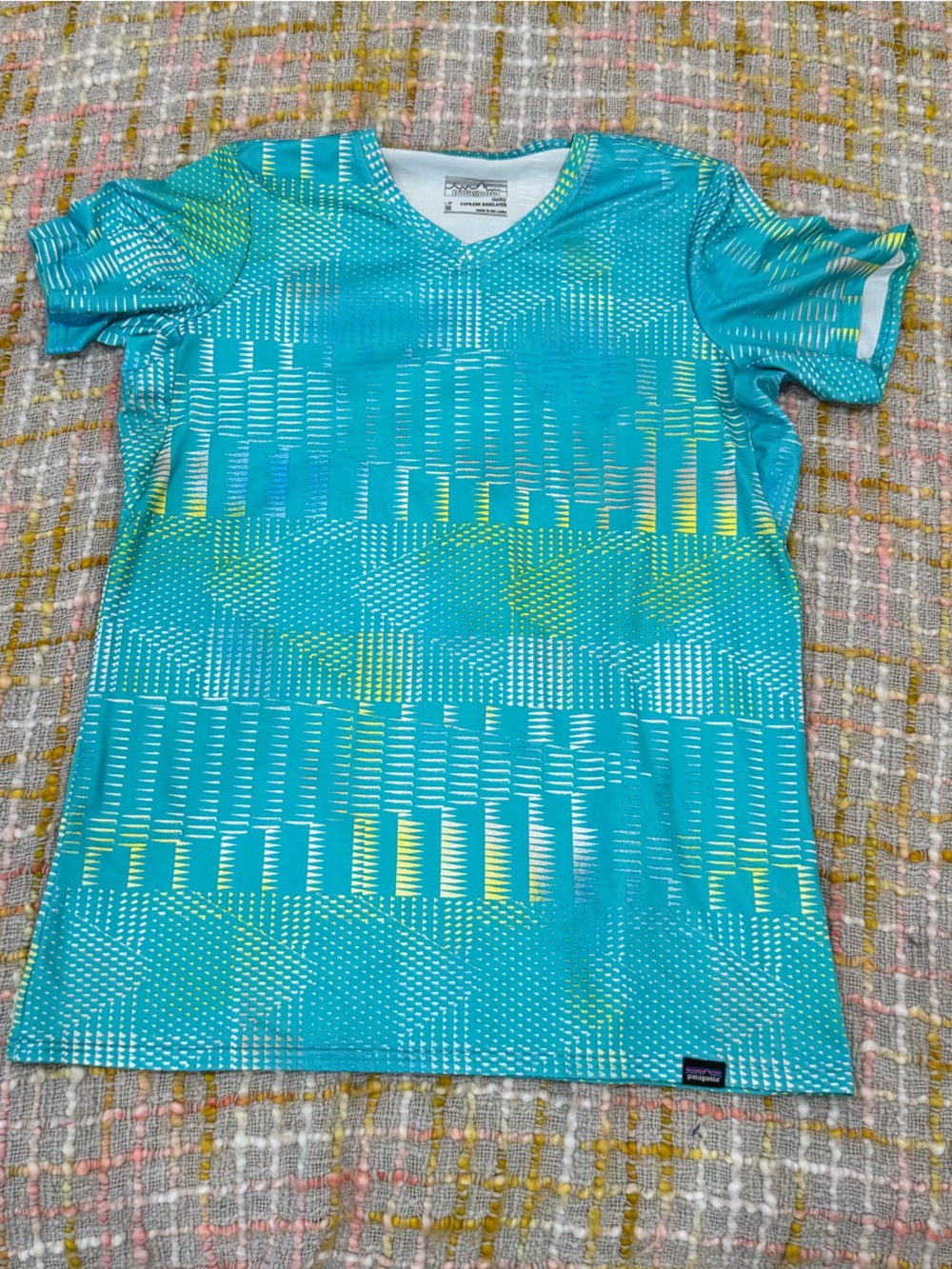 Patagonia Teal & Yellow Geometric Short Sleeve Active Tee